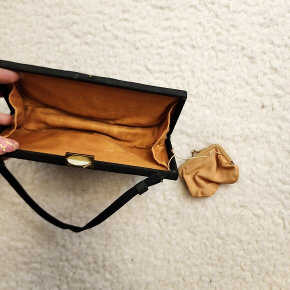 Vintage Black Satin Handbag Clutch Gold Shell Clasp Silk lined Coin Purse - Picture 7 of 10